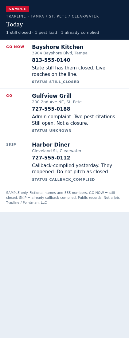 SAMPLE Trapline Tampa sheet: GO NOW still closed, GO pest load, SKIP callback-complied